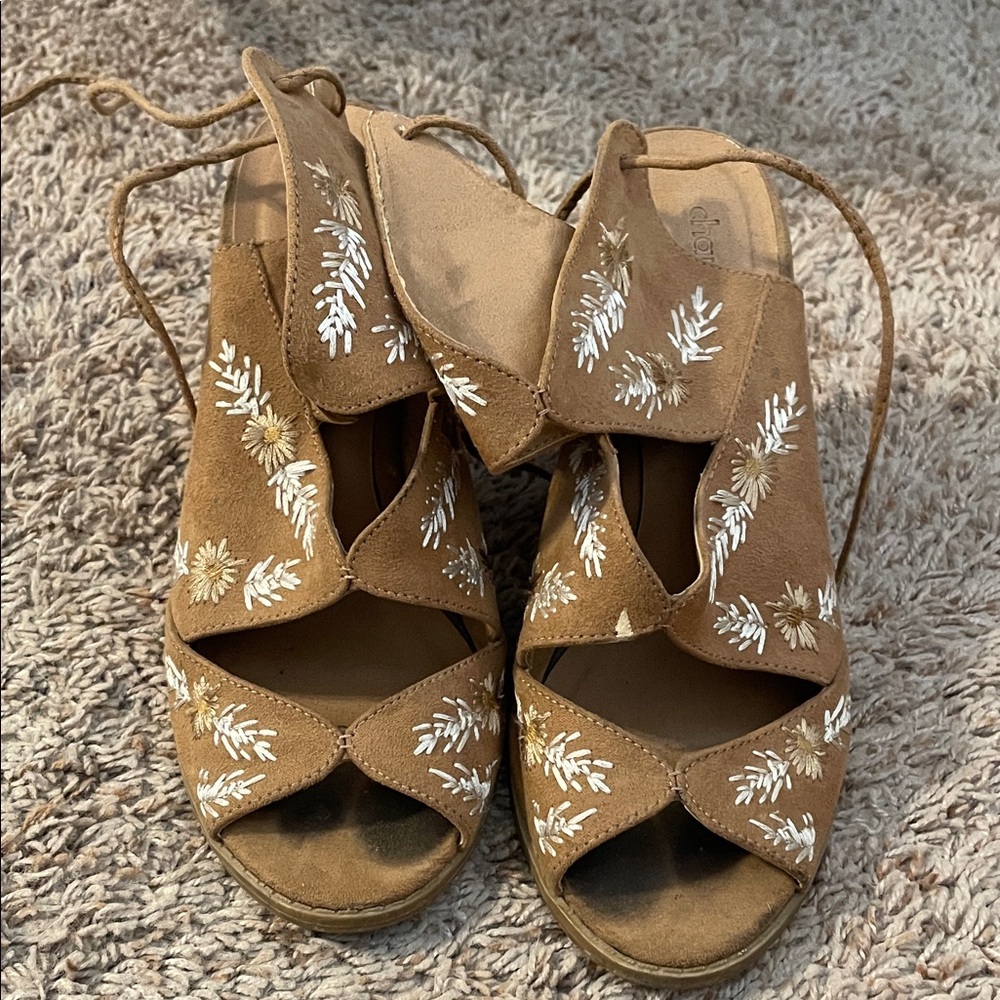 Women's Tan Suede Embroidered Lace-Up Sandals